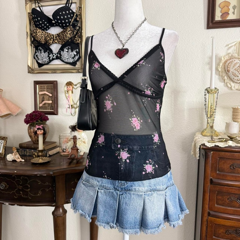 Y2k 2002 dainty coquette girly grunge sheer black mesh pink floral cami top - Picture 3 of 5